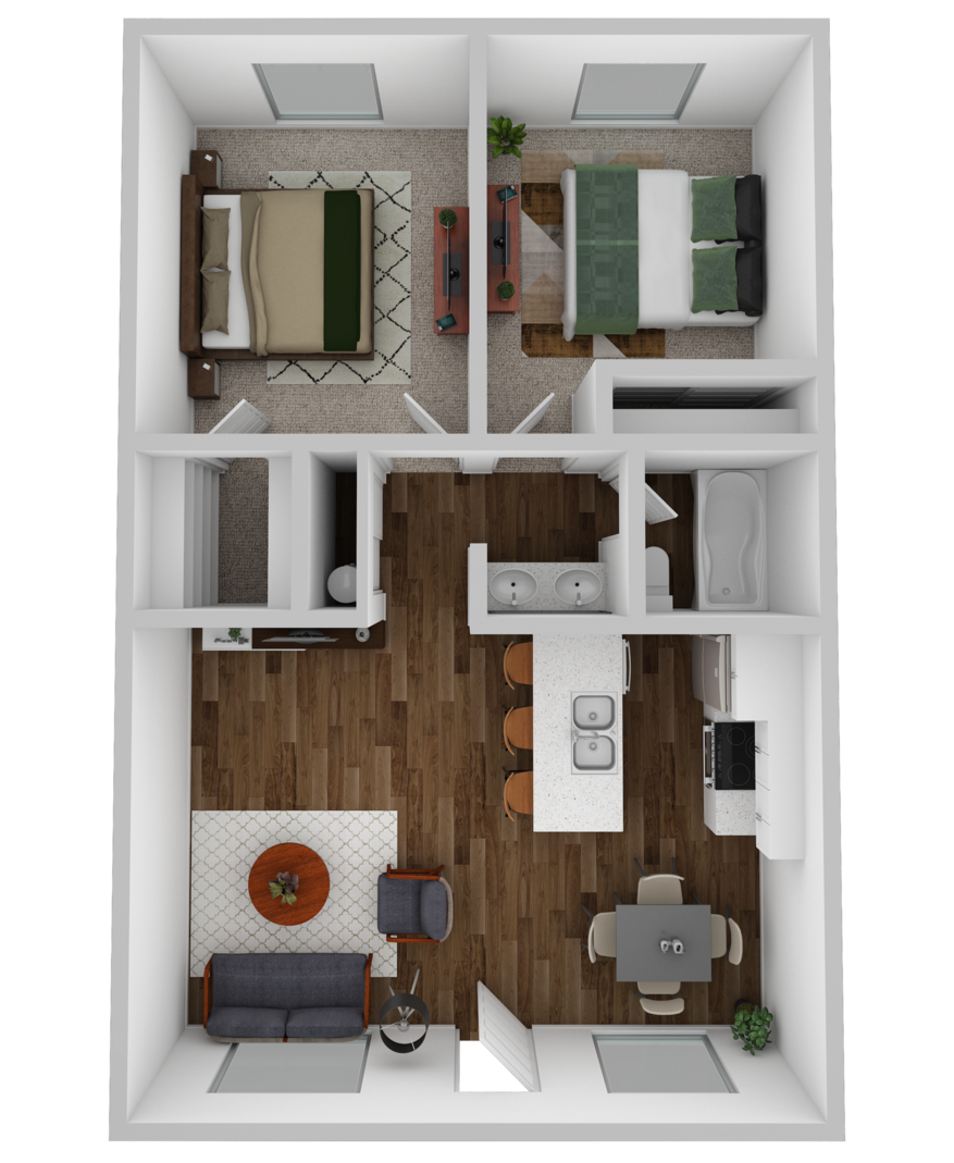 Floor plan for 2 beds, 1 bath, 780 sqft